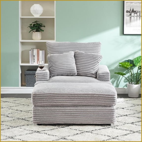 39” Single Seater Corduroy Sofa with Ottoman & Cup Holder – Modern Living Room/Bedroom Chair with 2 Pillows | Gray | Corduroy | Cushion Back