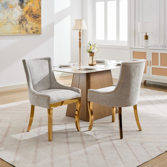 Modern Chenille Dining Chairs with Curved Gold-Plated Legs & Rivet Trim, Upholstered Comfort for Dining/Lounge, Stain-Resistant Textured Fabric & One-Piece Durable Structure, Beige Set of 2