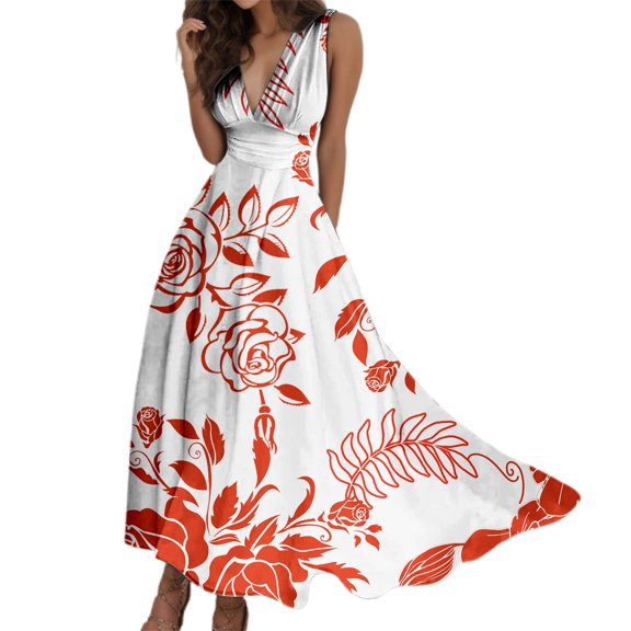 Women's Floral Print V Neck Sleeveless Summer Dress Casual Beach Wear Comfortable Stretchy A-Line Outfit