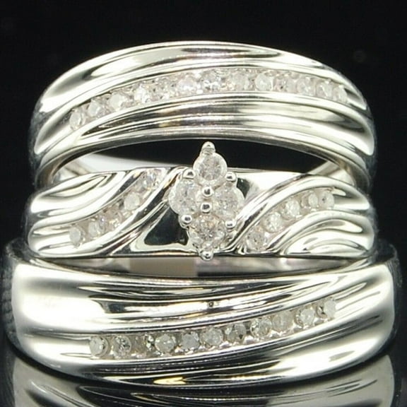 Sparkle Jewels Round Cut CZ 14K White Gold Plated Wedding Trio Ring Set His & Hers
