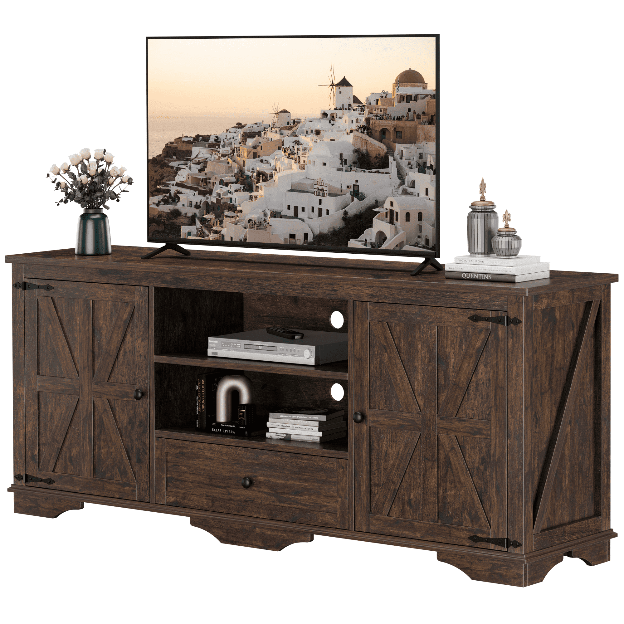 GIKPAL Farmhouse TV Stand for 65 inch TV, Entertainment Center Console Table with Storage Cabinets, Barn Door and Adjustable Shelves for Living Room, Rustic Brown