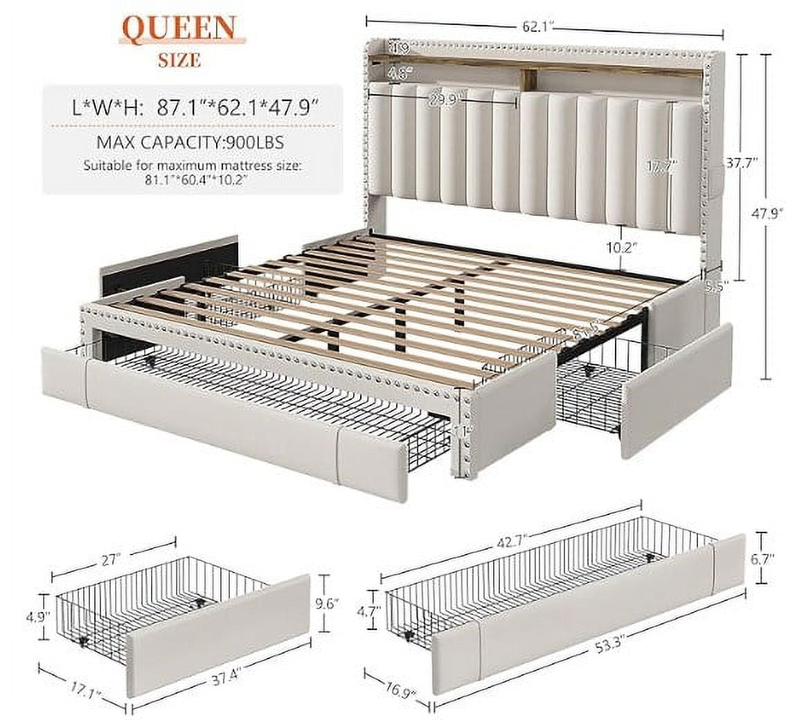 EnHomee Queen Bed Frame with 3 Storage Drawers Upholstered Queen Size Bed Frame with Headboard Noise Free Platform Bed with Metal Frame & Wood Slats Support Beige Bedroom Furniture for Adults Clothes