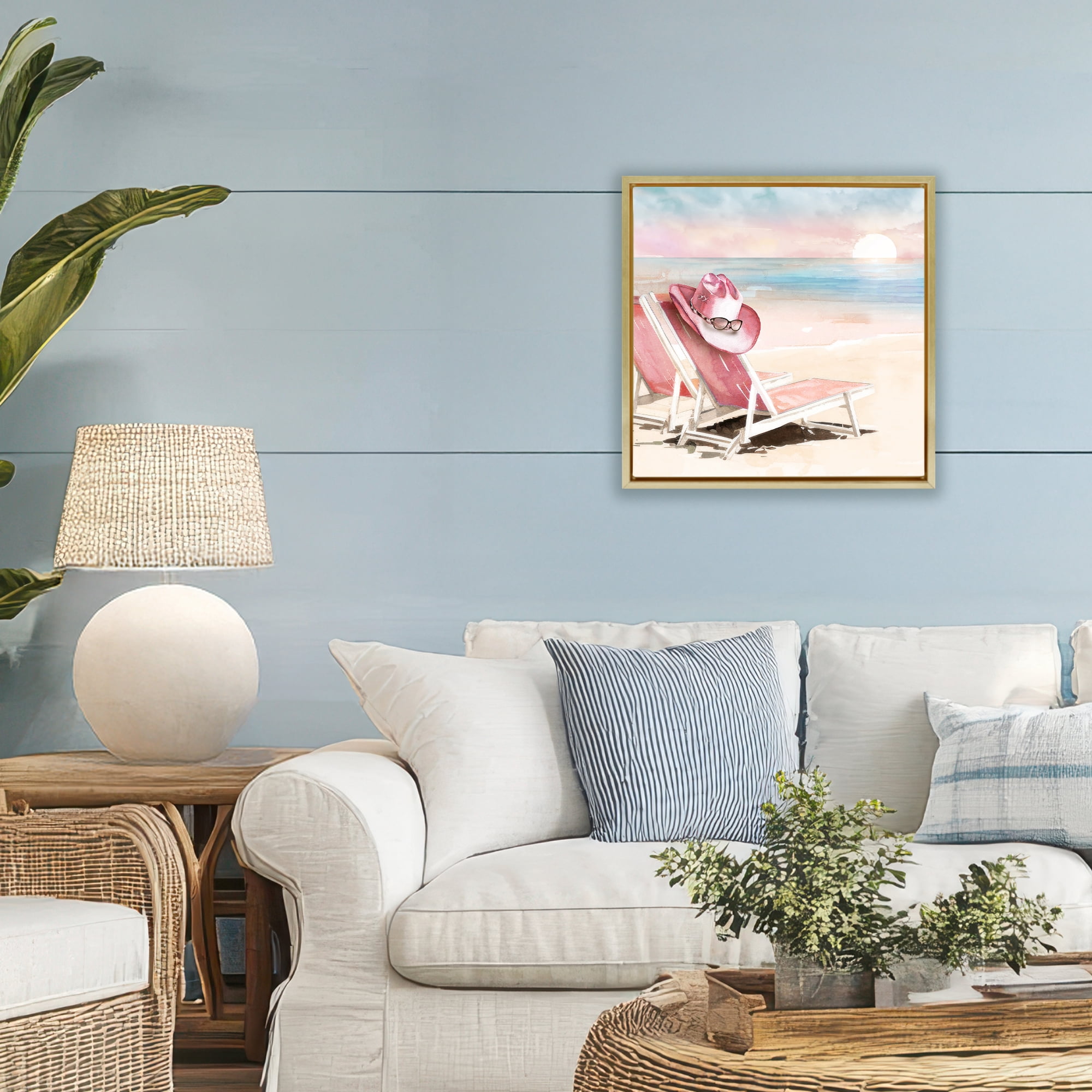 Stupell Industries Blush Pink Beach Chairs Gold Framed Floater Canvas Wall Art, design by Paul Mathenia