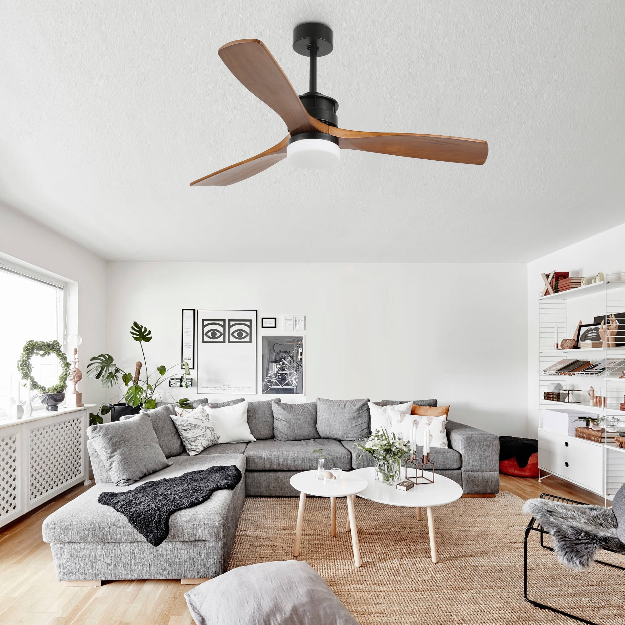 Bella Depot 52" Black Natural Wood Ceiling Fan with Dimmable LED Light, Reversible Blades, Remote Control
