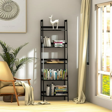 

Goory 5-Tier Modern Ladder Shelf Multi Durable Bookshelves Large Capacity Sturdy Organizer Shelves With Support Bar Home Balcony Black