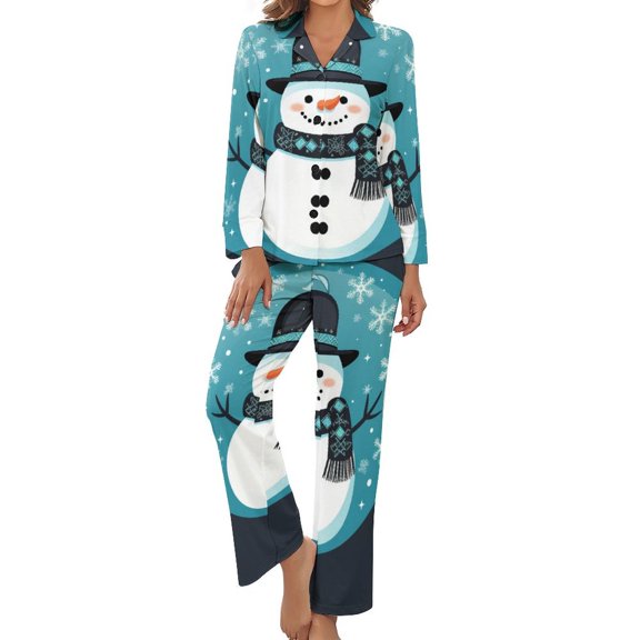 Ginger Snowman Crystal Ball Women's Long Sleeve Flannel Pajama Set Sleepwear L