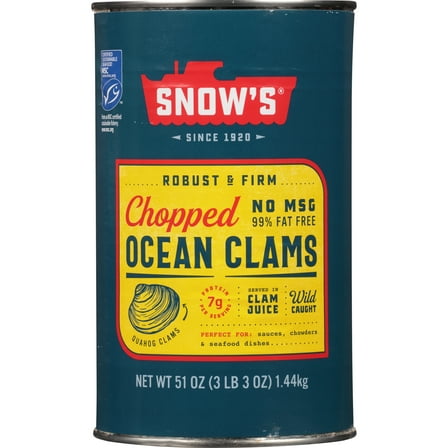 Snow's Wild Caught Chopped Ocean Clams, Gluten Free, No MSG, 7g Protein per Serving, Shelf Stable Can, 51oz