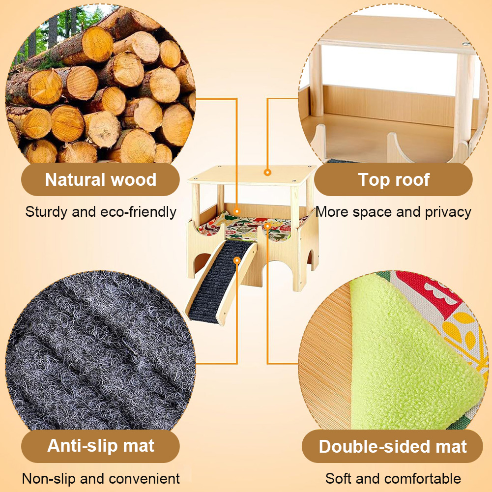 Qiyester Guinea Pig Castle Wooden Hamster House Animal  Hideout Habitat with Stairs for Chinchilla Hedgehog Rabbit Bunny