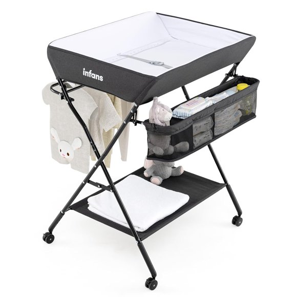 INFANS Baby Changing Table with Wheels, Portable Folding Diaper Station Nursery Organizer with Storage Basket, Hanging Rack, Adjustable Height, Safety Belt for Newborn Infant