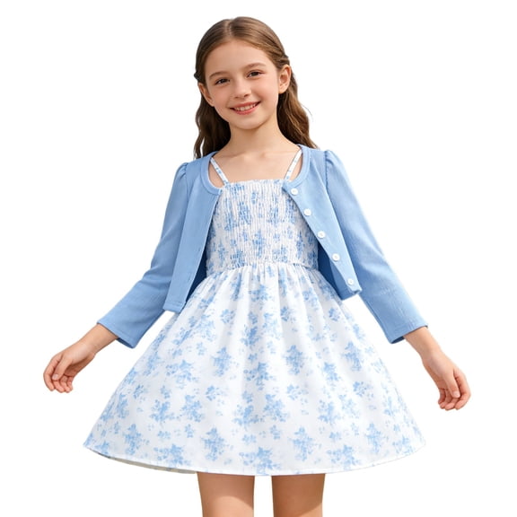 BOOMNY Girls 2 Peice Outfit Set Summer Clothes Set for Girls Long Sleeve Butterfly Graphic Pleated Dress Cardigan Tops Cozy Kids Dailywear