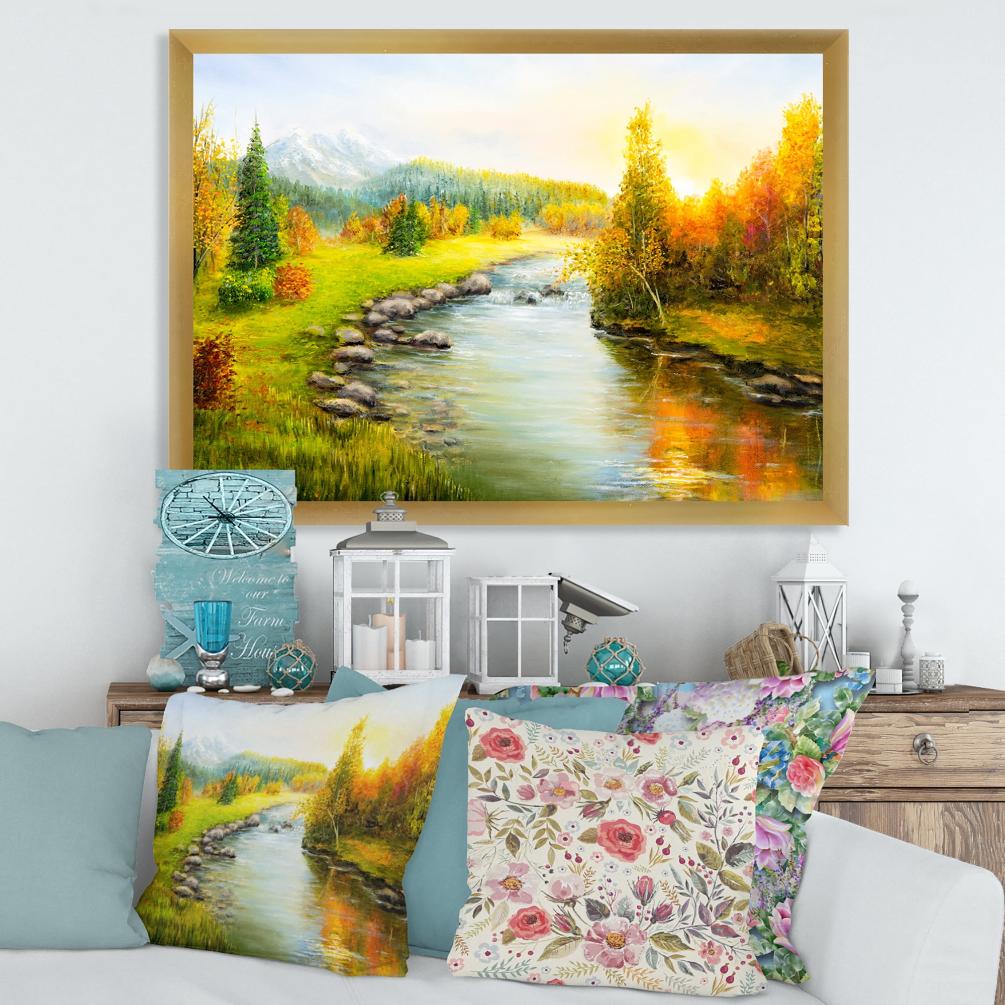 Designart 'Autumn Landscape With Forest River and Mountains' Lake House Framed Art Print