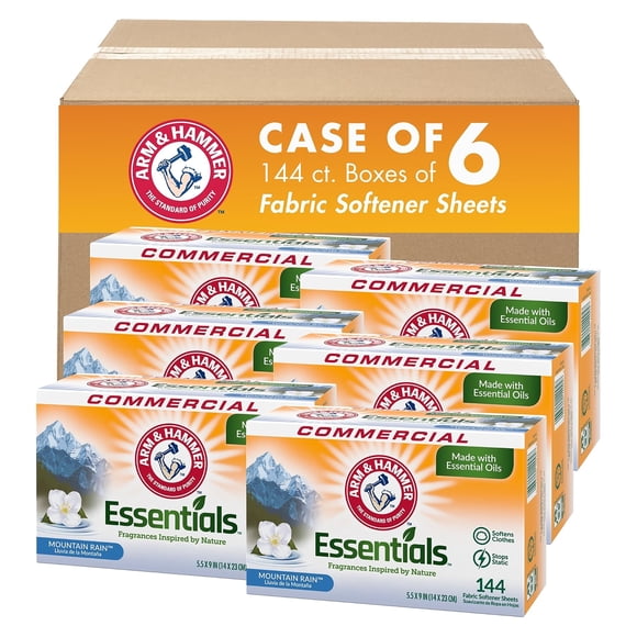 Arm & Hammer 3320000102 Essentials Dryer Sheets, Mountain Rain, 144 Sheets/Box, 6 Boxes/Carton
