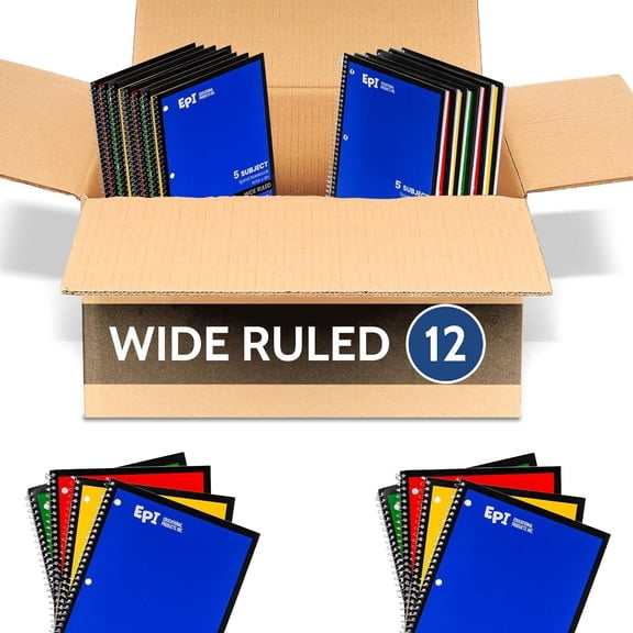 Spiral Notebook | 5 Subject, Wide Ruled | 180 Sheets | 10.5 x 8 in | 12 Pack