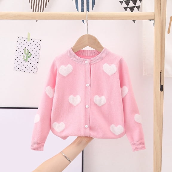 ZHOGXU Big Kids Girls Cardigan Long Sleeve Knit Open Front Buttons Love Heart Print Warm Comfortable Sweater Top For Daily Wear Pink 2-3 Years
