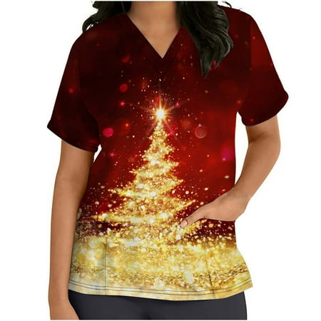 

Women Tops SUWHWEA Scrub Tops Women Short Sleeve V-neck Tops Christmas Tree Printed Pockets Blouse Nursing on Clearance