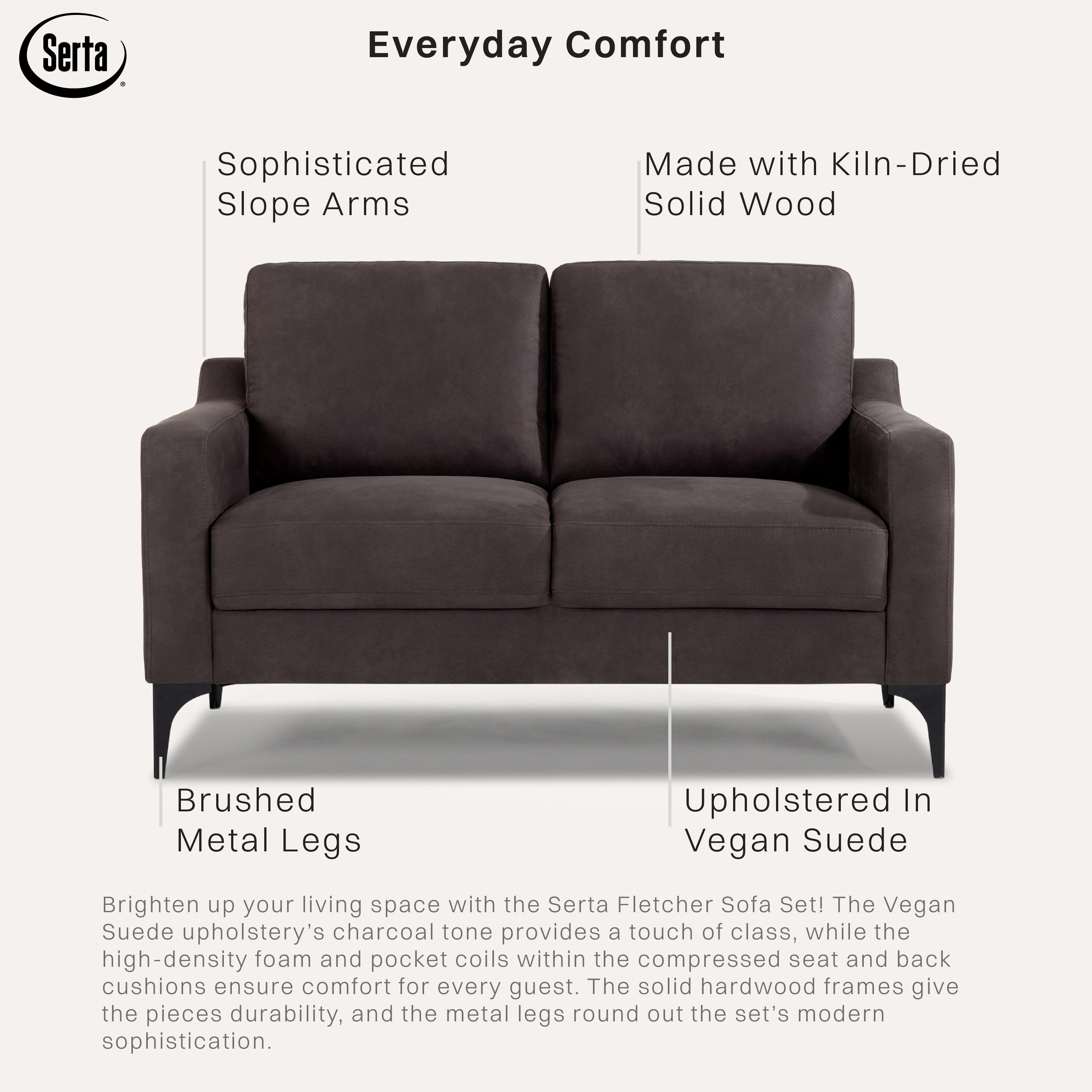 Serta Hemsworth Mid-Century Modern Style 2 Seater Indoor Loveseat, Charcoal Faux Suede