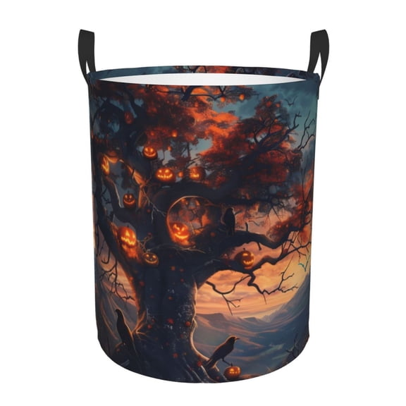 Large Laundry Basket with Handles - Raven Tree Halloween Night Kids Baby Dirty Clothes Laundry Hamper for Bedroom Aesthetic