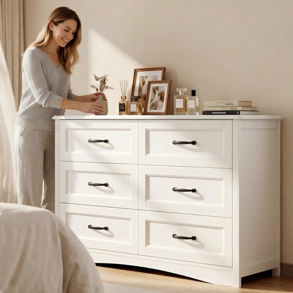 Dresser for Bedroom - Lofka White 6 Drawer Dresser, Modern Storage Chest, Sturdy Bedroom Dresser with Metal Handles & Anti-Tip Design