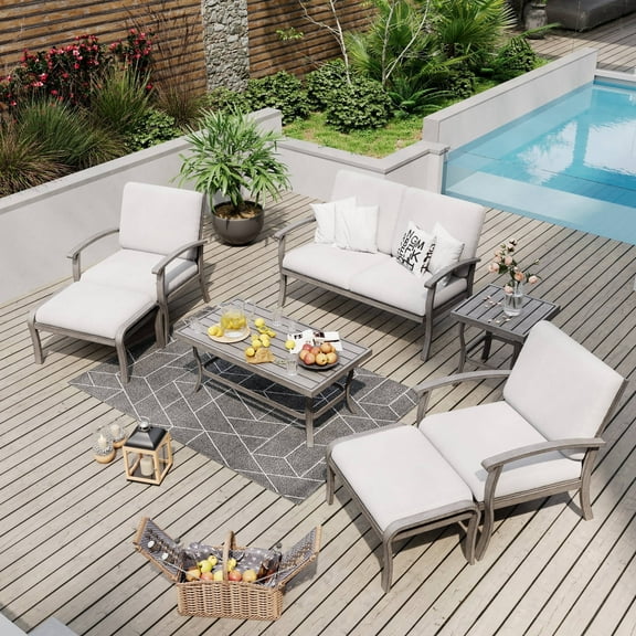 HAPPATIO 7 Piece Aluminum Patio Furniture Set, Outdoor Armchairs with Ottomans and Loveseat, Outdoor Sectional Sofa with Side Table and Coffee Table, Garden Conversation Set for Lawn(Gray)