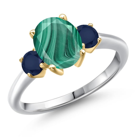 Gem Stone King 10K Two Tone Gold Green Malachite and Blue Sapphire Engagement Ring for Women | 3.20 Cttw | Oval 9X7MM | Gemstone Birthstone | Size 5