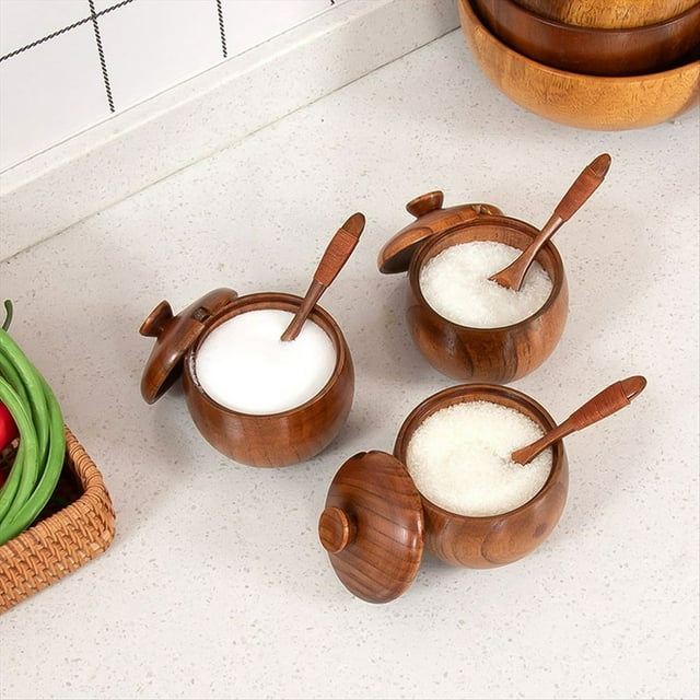 Salero, Azucarero, Pimentero, Recipiente para Sal y Condimentos, Caja de Almacenamiento con Tapa y Cuchara, Tarro de Madera para