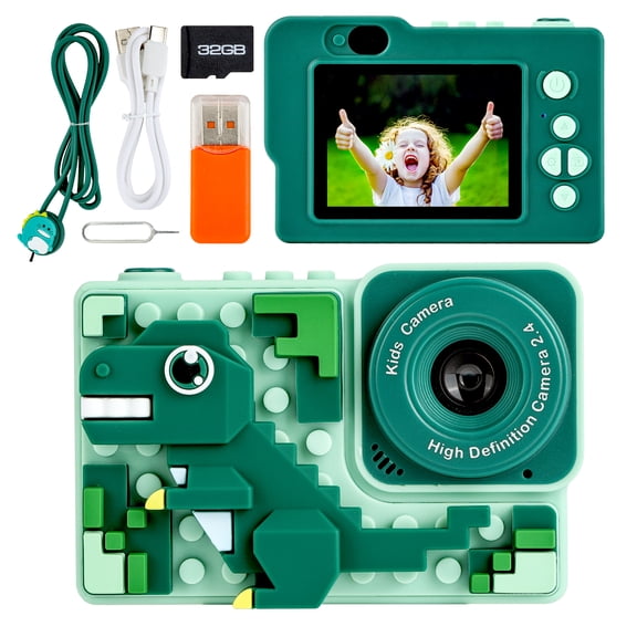 Open Box Welltop Cartoon Dinosaur Kids Camera Toys with Building Block, Cute Portable Digital Video Camera for Girls Boys 6-10 Years Old, 2.4" Screen, 32GB SD Card, Green