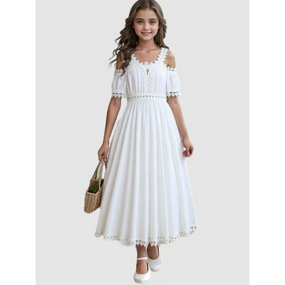 Mikrdoo Elegant Tween Girls' Lace-Trimmed Off Shoulder White Dress - Perfect for Weddings, Beach Vacations, and Summer Events 7-14