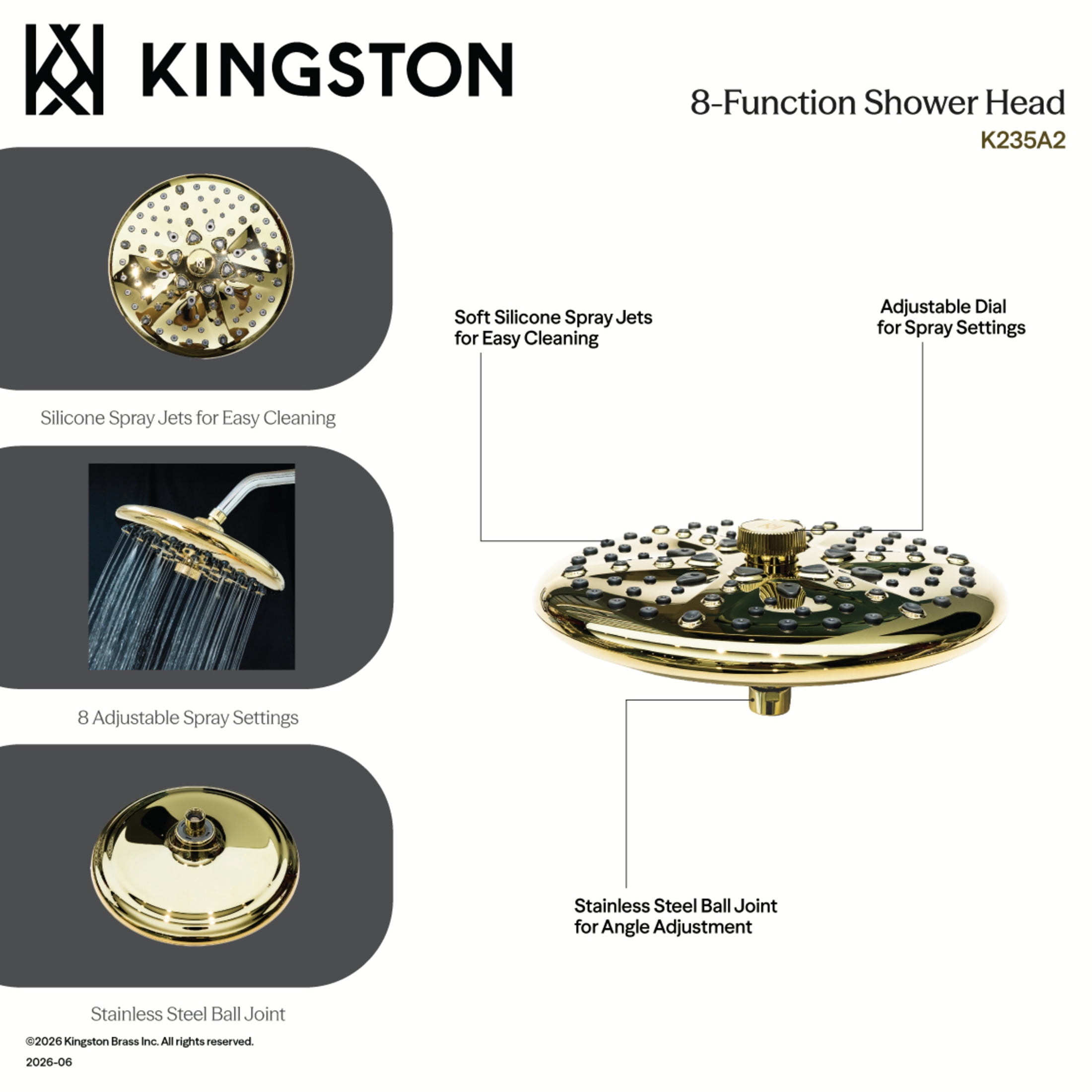 Kingston K235A8 Trimscape 9.8" Round Raindrop 8-Function Shower Head, Brushed Nickel