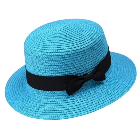 QIYAGBSA Straw Hats for Women Flat Top Wide Brim Bow Detail Summer Beach Vacation (Blue Free Size)