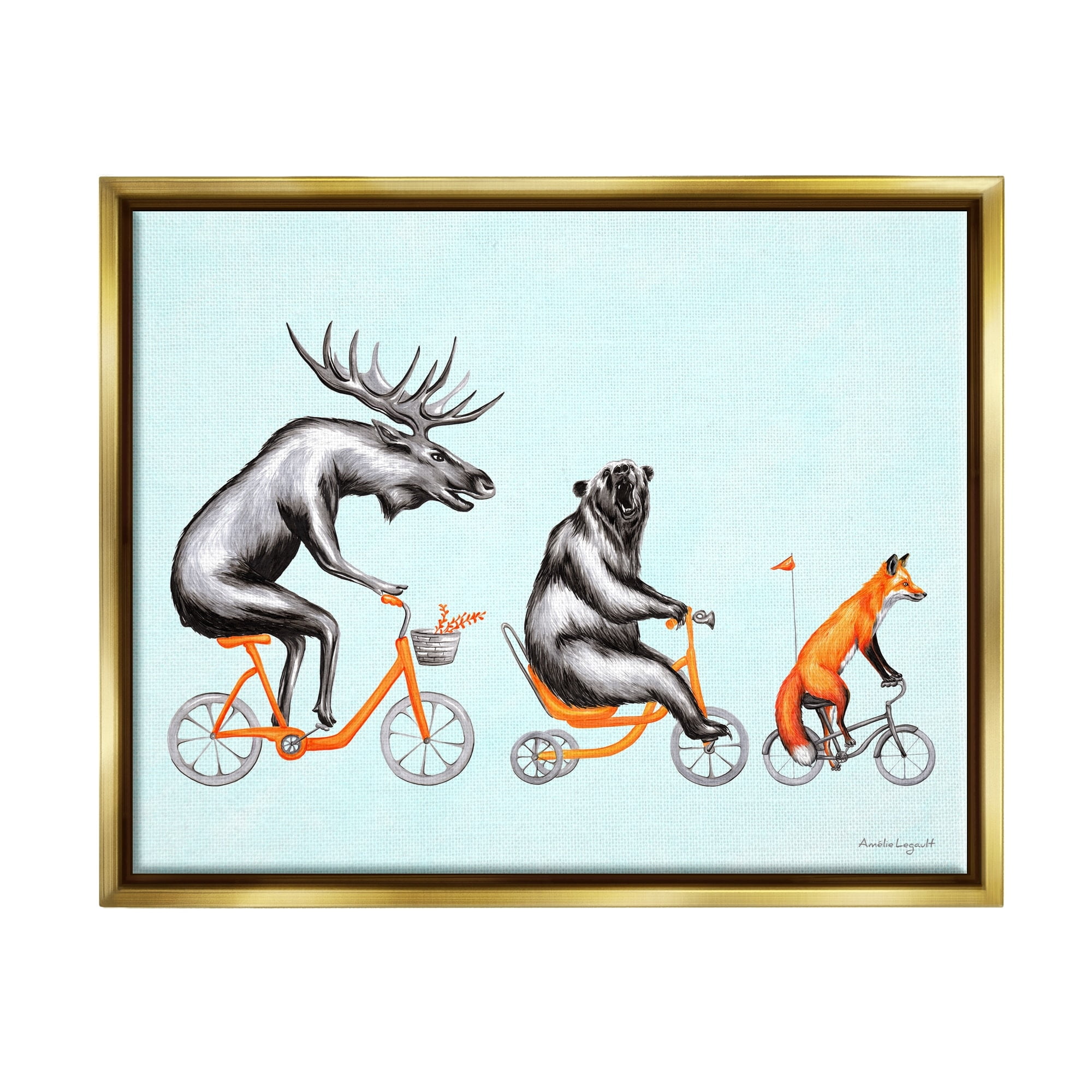 Stupell Industries Wildlife Animals Riding Bikes Moose Bear Fox Graphic Art Metallic Gold Floating Framed Canvas Print Wall Art, Design by Amelie Legault