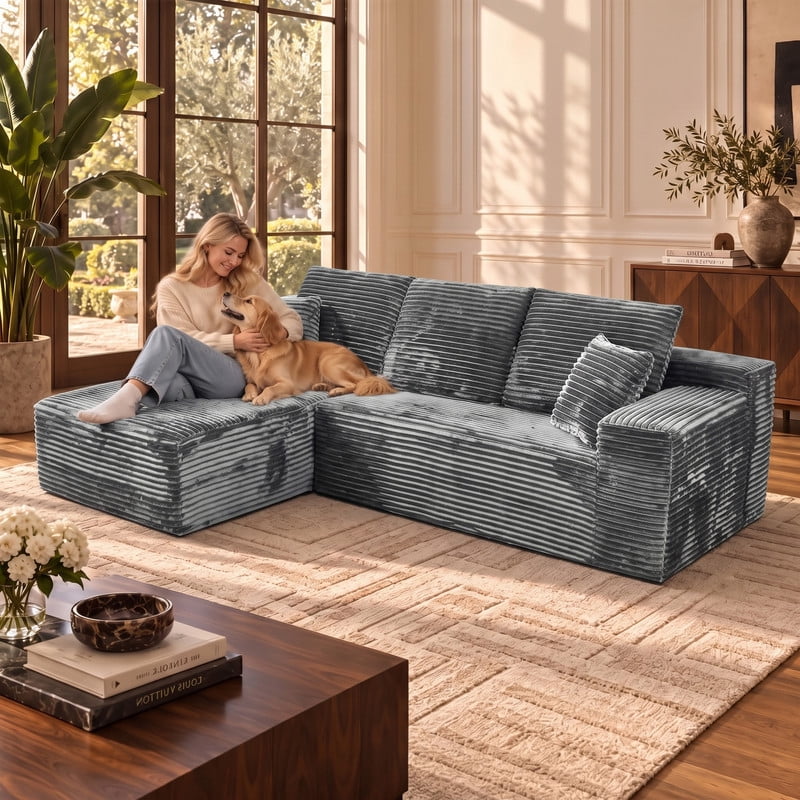 avobird 107" Boneless Cloud Modular Sectional Sofa Couch with Left Side L-Shape Chaise,Modern Corduroy Upholstered Couches for Living Room Bedroom,Deep Seat Corner Couch, Dark Gray