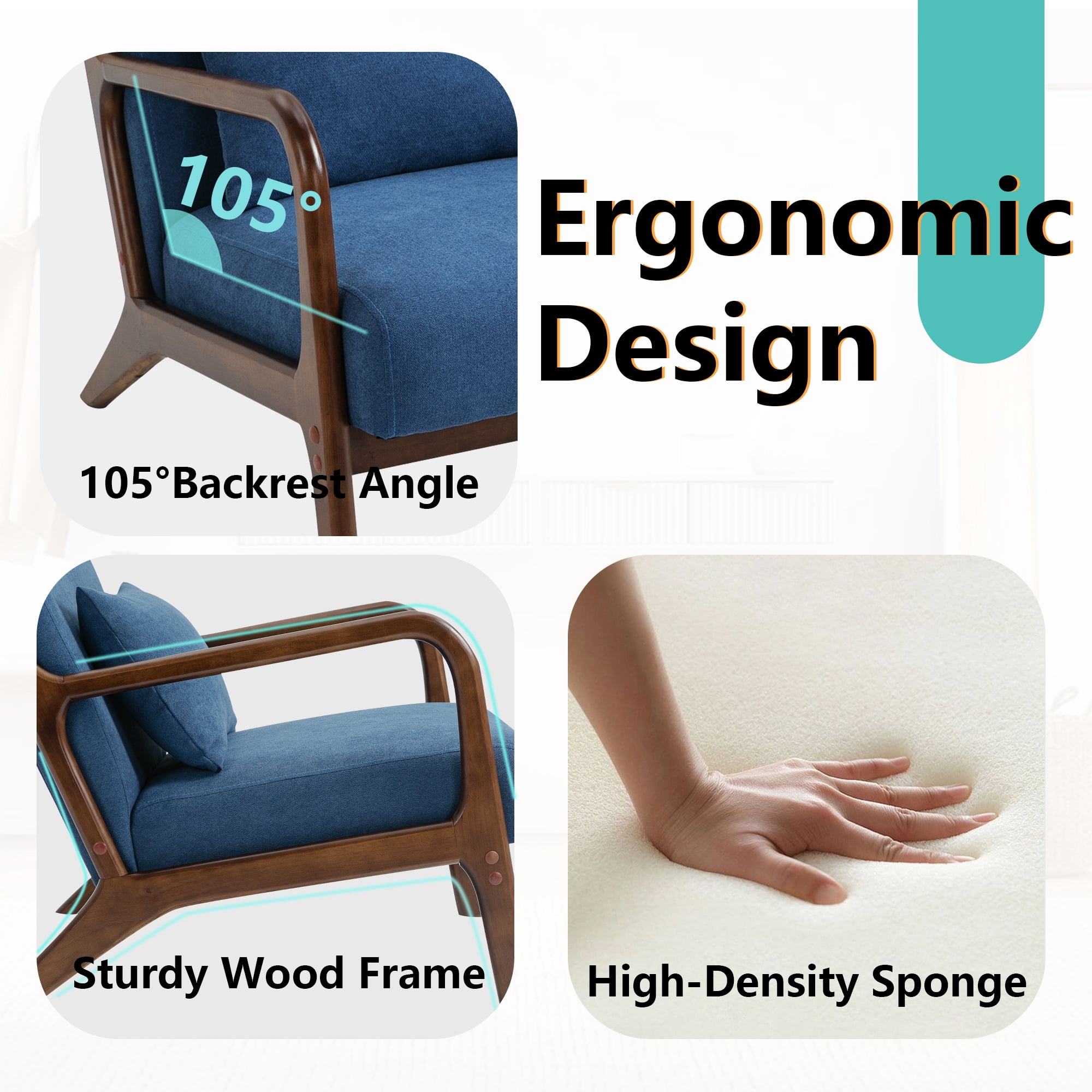 Miniyam Mid Century Modern Accent Chair with Wood Frame, Upholstered Living Room Chairs with Waist Cushion, Reading Armchair,Blue