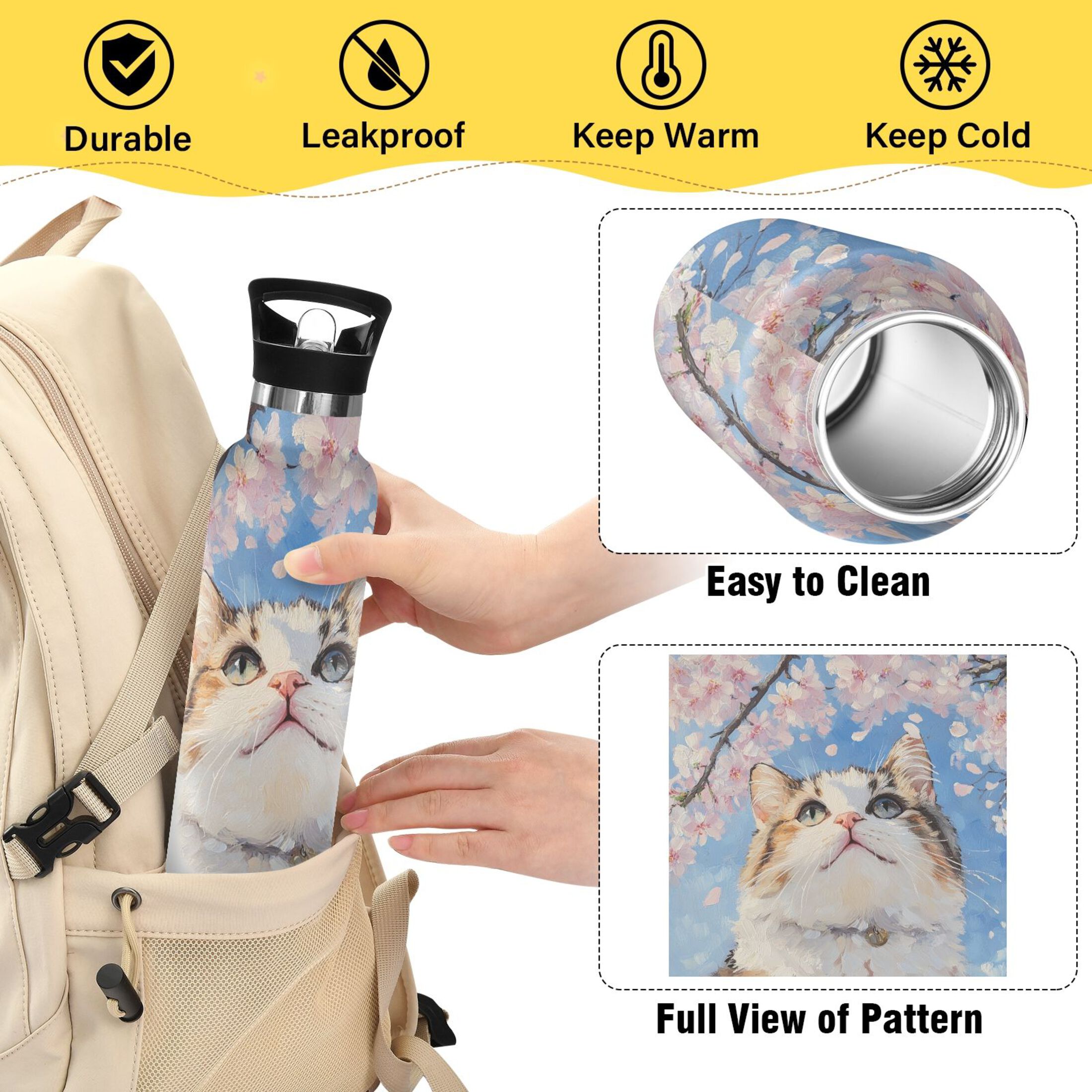 600ML Stainless Steel Insulated Cup Sports Water Bottle Portable Thermos Cup Water Glasses Insulated Tumblers Convenient and Durable Cherry Blossom Cat