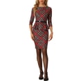 thumbnail image 2 of INSPIRE CHIC Women's Peplum Pencil Dress Round Neck 3/4 Sleeve Bodycon Belt Plaid Sheath Dresses Red XS, 2 of 5