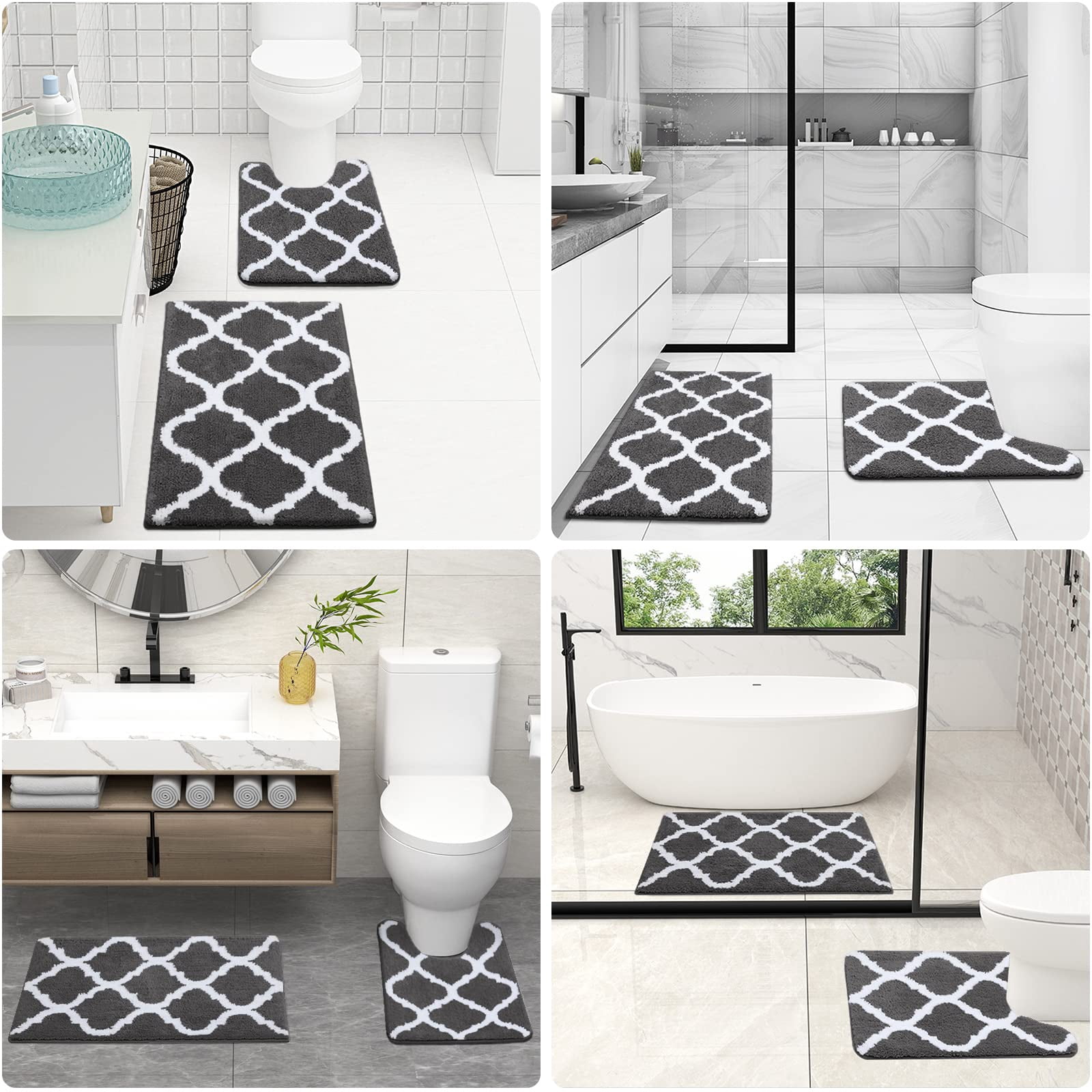 Buganda Microfiber Bathroom Rugs Set 2 Piece,U-Shaped Toilet Rug, Machine Wash Dry, Non-Slip Absorbent Shaggy Bath Mats for Tub, Shower and Bathroom (30"x20"+24"x20", Dark Grey)