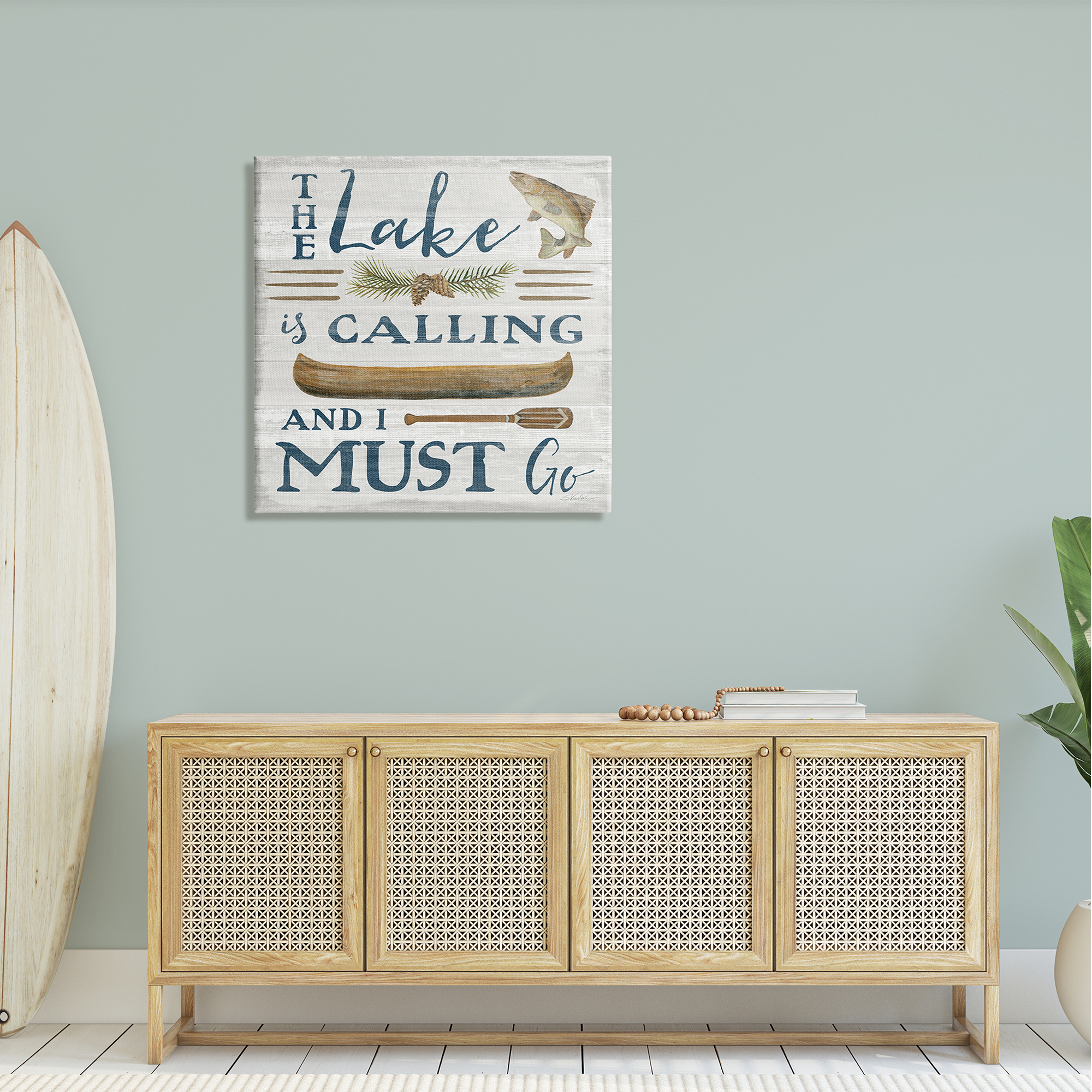 Stupell Industries Lake Is Calling Quote Pinecone Botanical Rustic Canoe Graphic Art Gallery-Wrapped Canvas Print Wall Art, 30x30, by Silvia Vassileva