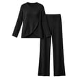 thumbnail image 4 of Dzrciro Sets for Women, Long Sleeve Crew Neck Irregular Wrap Tops and Elastic High Waist Wide Leg Pants 2 Piece Sets with Pockets, Soft Vacation Womens Sets S‑2XL, 4 of 7