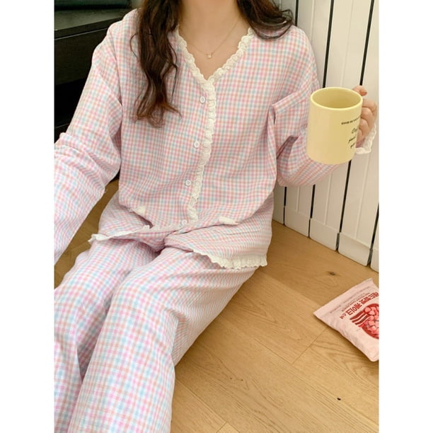 Pijama de mujer de primavera y otoño de manga larga a cuadros con encaje para el hogar, cárdigan, traje de talla grande