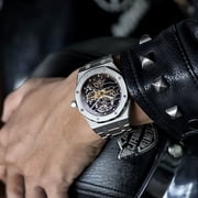 FEICE Men's Automatic Skeleton Watch, 42mm Stainless Steel Case, Sapphire Crystal, Waterproof, Anti-Shock Mechanical Wristwatch FM019HOT