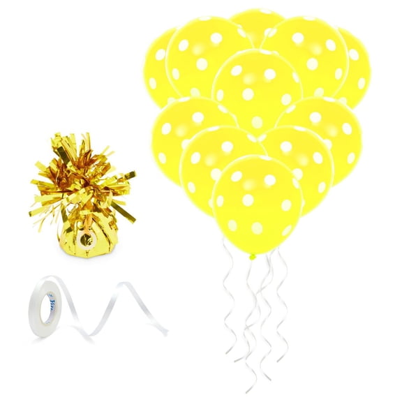 50-Pack 12-Inch Yellow Latex Polka Dot Balloons for Birthday Party Decorations Supplies with 1 Gold 2.5x2.5x5-Inch Balloon Weight and 1 Roll of 10mm Wide White String