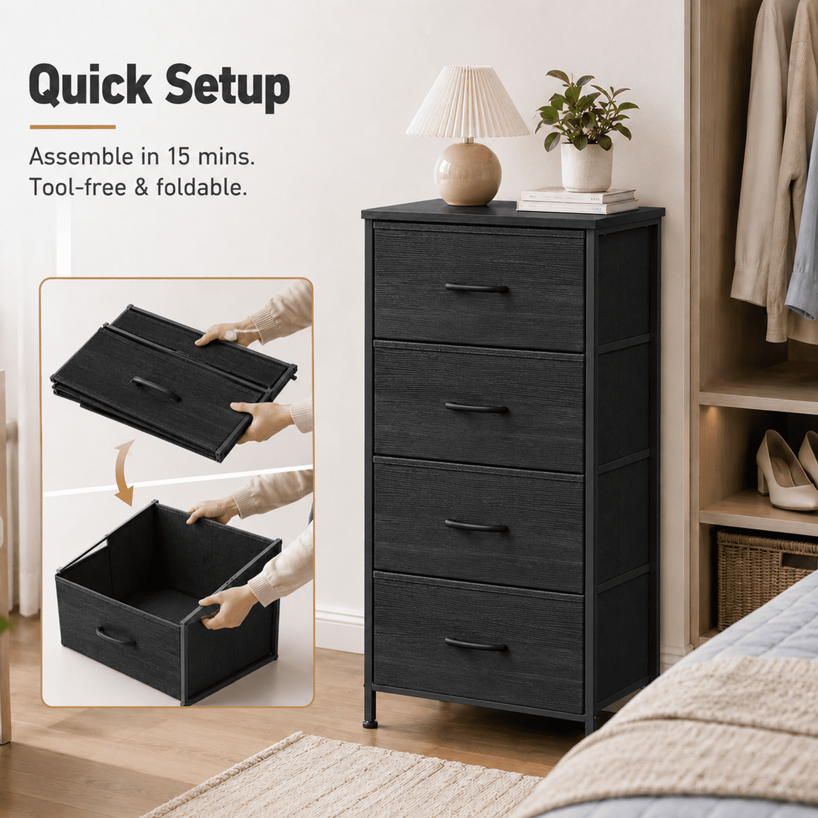Alvantor Dresser for Bedroom with 4/5 Storage Drawers, Dressers Chest of Drawers Fabric Dresser with Sturdy Steel Frame, Wooden Top Cabinet Night Stand Dresser for Closet
