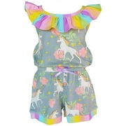 Angle View: AnnLoren Little Big Girls Jumpsuit Magical Unicorn Rainbows Spring One Pc Boutique Clothing