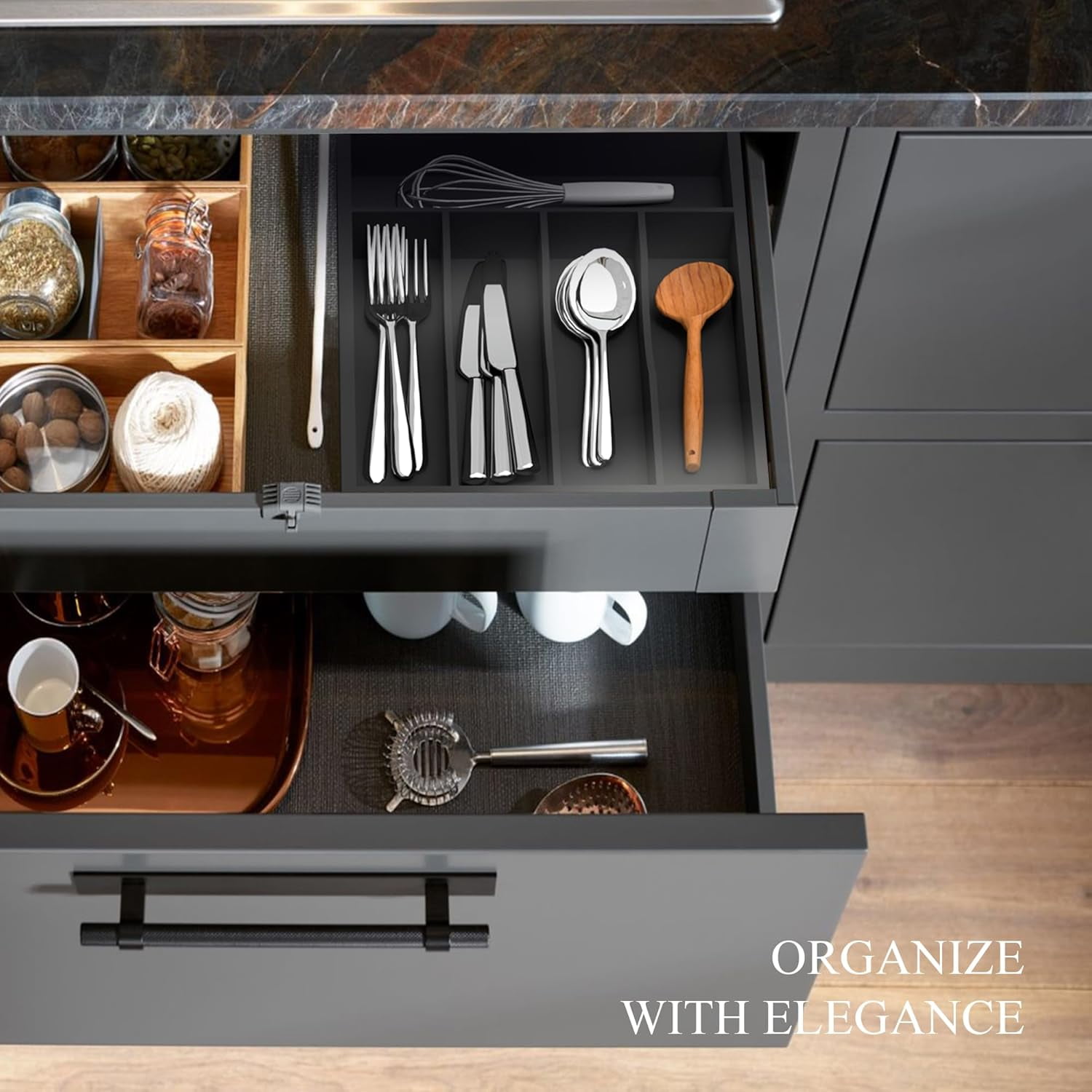 UniVerse Bamboo Silverware Organizer, Kitchen Drawer Organizer, Utensil Holder, Cutlery Tray & Spoon Flatware Storage with Grooved Drawer Dividers (5 Slots, Black)