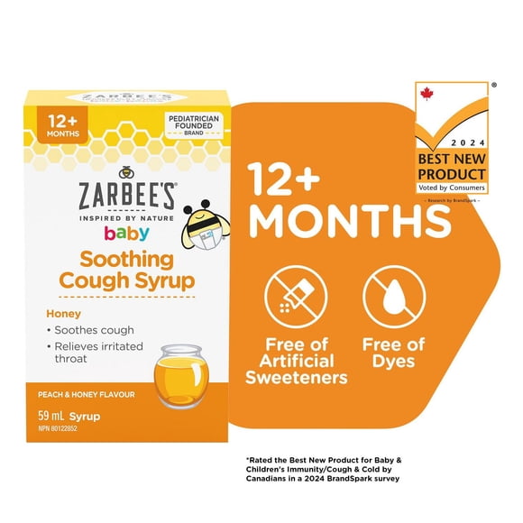 Zarbee's Sirop apaisant Toux pour bébés, soulage le mal de gorge, miel de source naturelle, sans colorant, saveur de pêche et miel, 59 ml