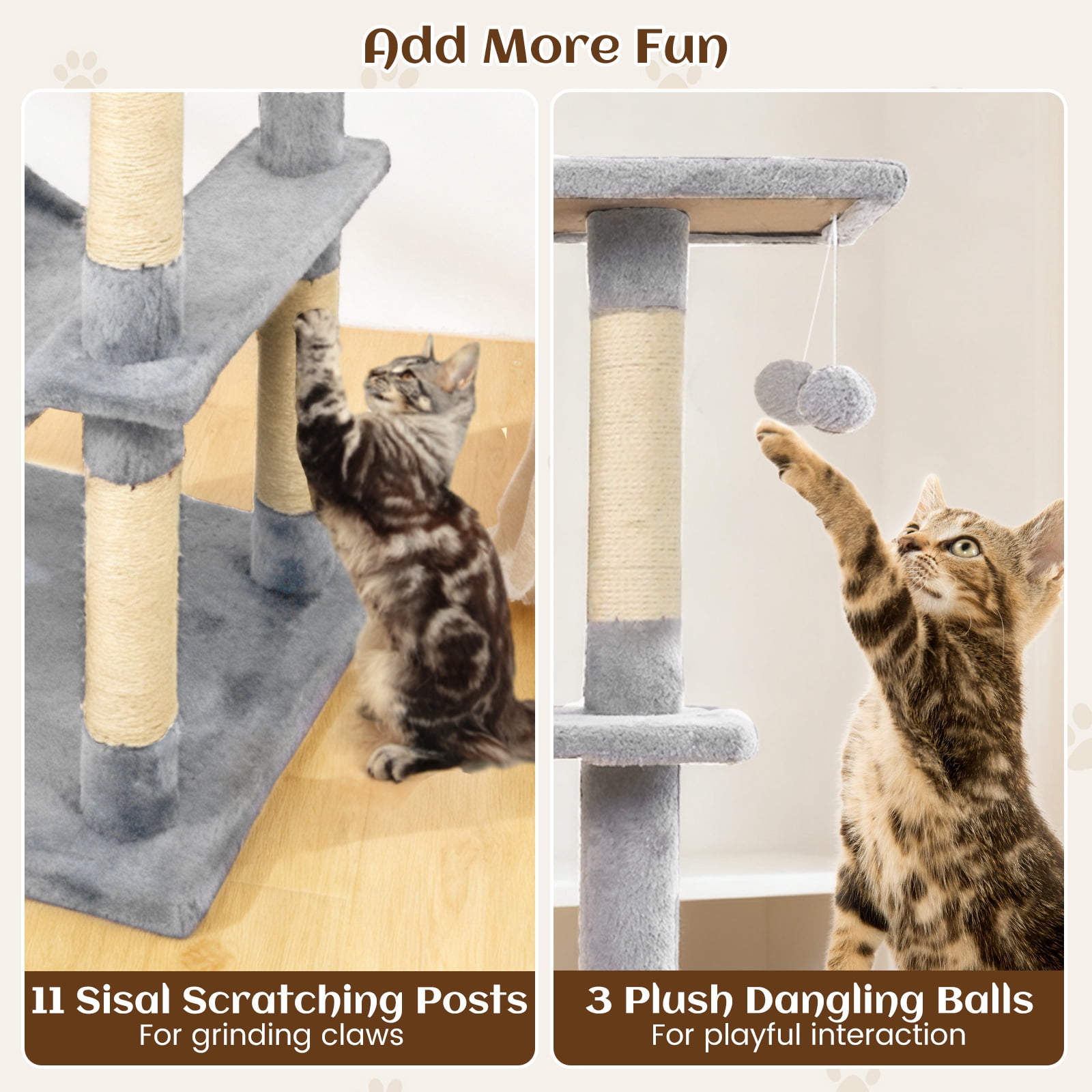 Gymax 80'' Tall Cat Tree w/2 Condos Sisal Scratching Posts Plush Perch Hammock Basket Light Gray