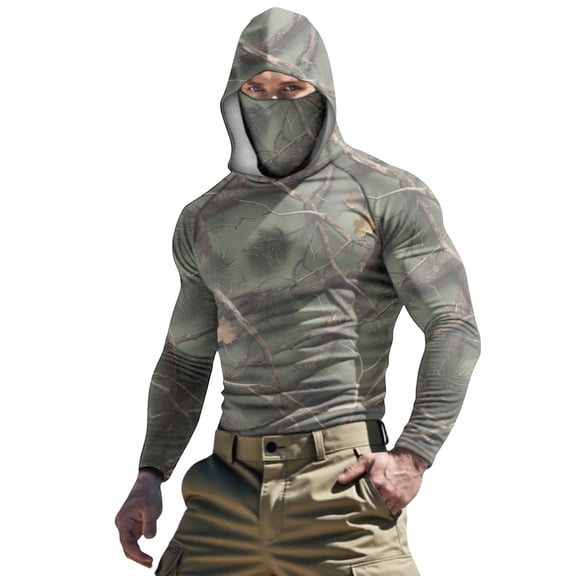 Dagegui Men's Camo Sun Hoodies with Face Mask UPF 50 Hiking Shirts Hooded Long Sleeve UV Protection Tops for Fishing Camping Travel 001 Camouflage S