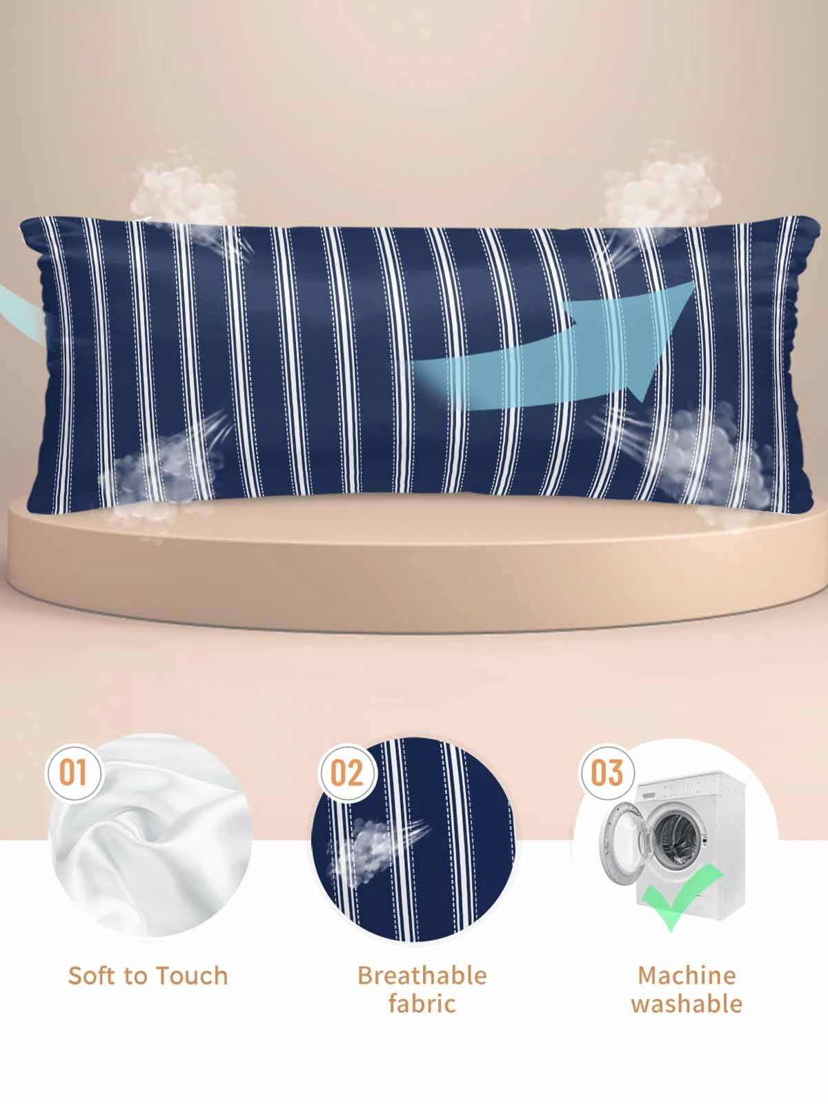 Navy Blue Striped Pillow Cases Body Size, Smooth Satin Pillowcase for Hair and Skin, Navy Blue White Farmhouse Stripes Decorative Cooling Bed Pillow Covers with Zipper, 20x54 Inches