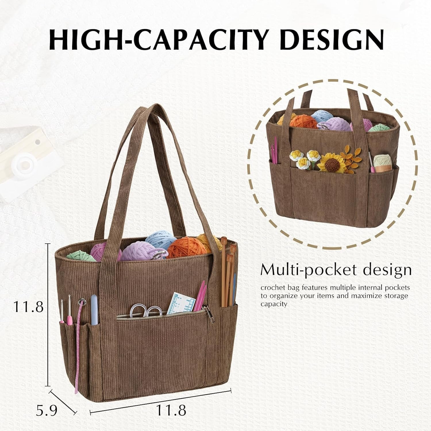 Crochet Bag, Corduroy Tote Bags With  Holders Grommets, Large Capacity Four Compartment Yarn Storage For Women