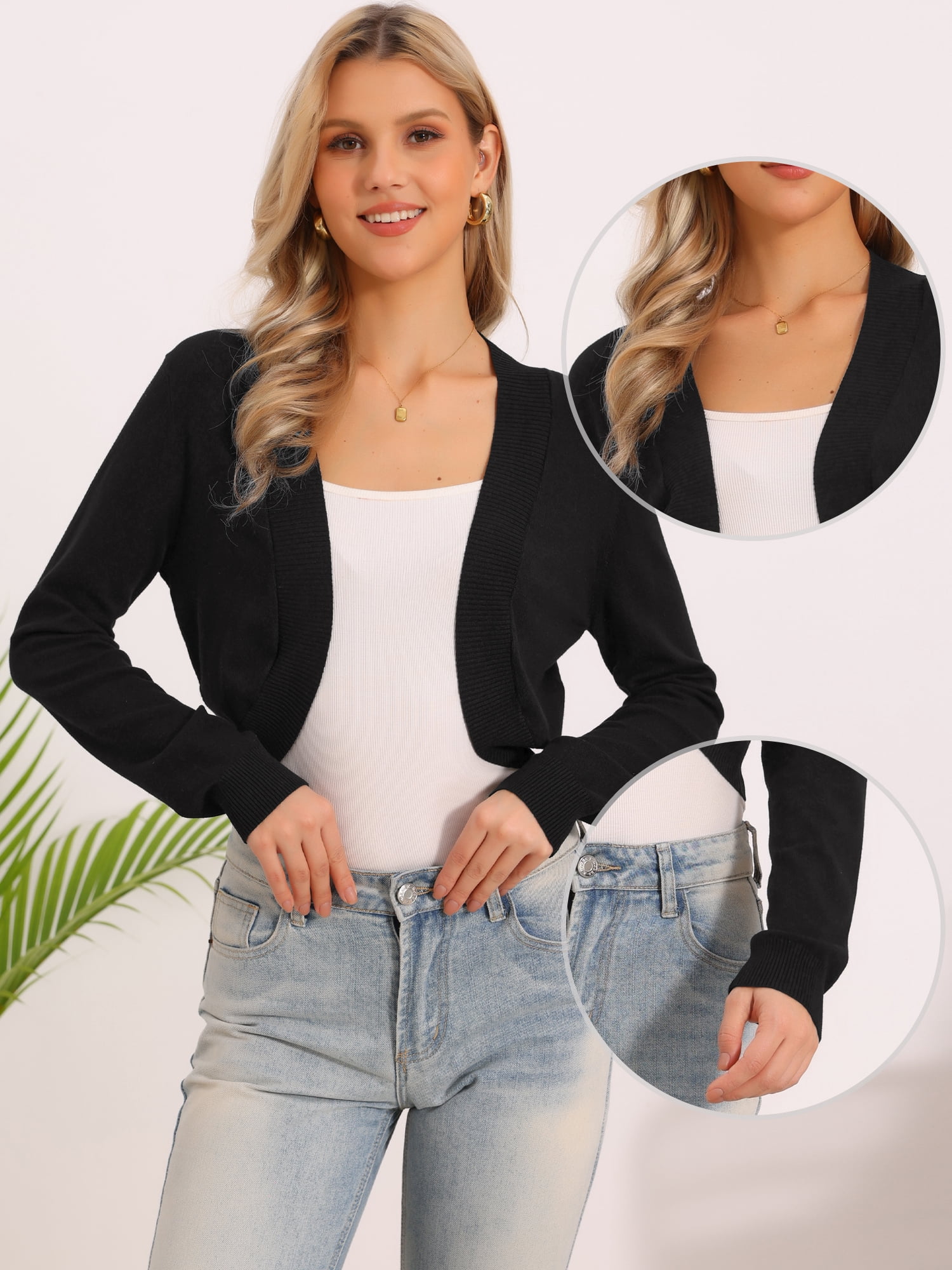 DARING DIVA Women's Long Sleeve Open Front Bolero Shrug Cropped Sweater XS Black
