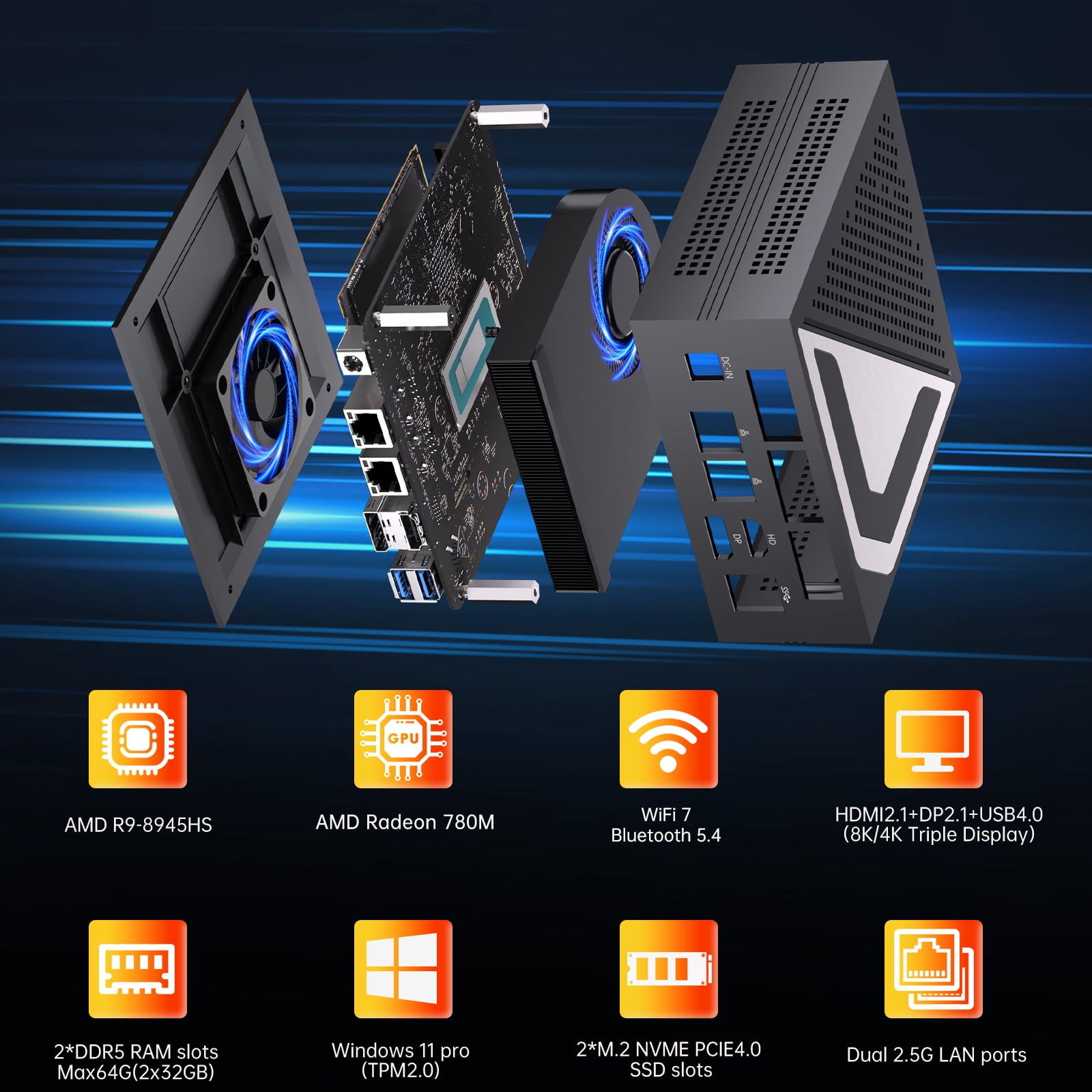 Thdeukoty MQ9 Mini PC Ryzen 9 8945HS, Upto 5.2GHz, Desktop Computers with 64G DDR5 RAM 2T SSD, Win 11 Pro/WiFi 6E/BT 5.3/Dual 2.5G LAN/Oculink, Triple Display Display
